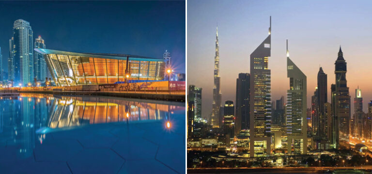 Chiếu sáng cảnh quan Dubai Opera và Emirates Tower, Dubai