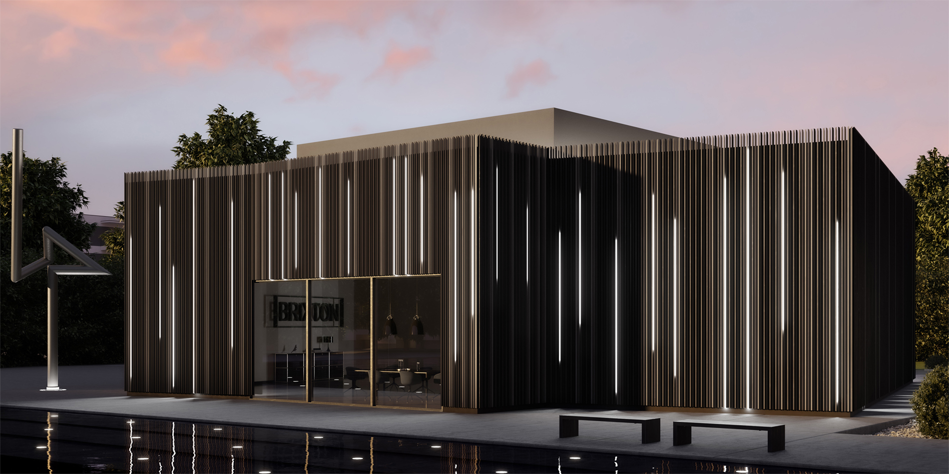 đèn linear light mặt dựng với vật liệu kiến trúc